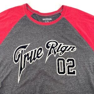 True Religion Mens Raglan Baseball T Shirt Grey Red Logo Graphic Size XXL